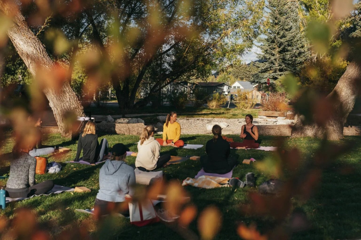Group yoga in autumn