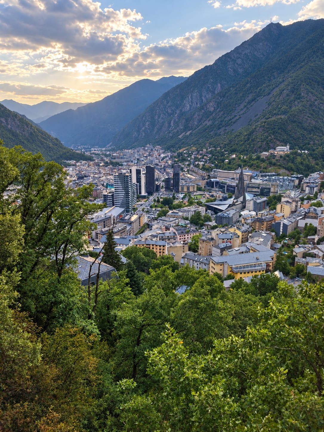 Vista panorámica de Escaldes-Engordany rodeada por las montañas de los Pirineos
